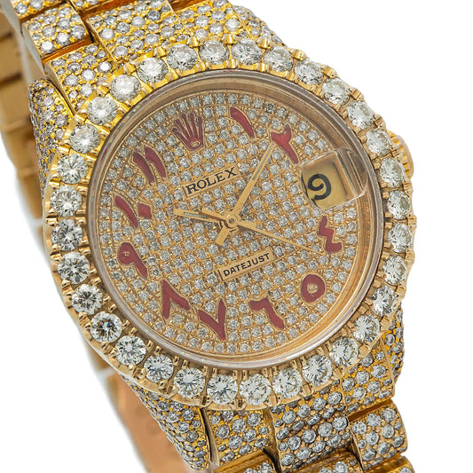Rolex Datejust 31MM 68278 Diamond Paved Red Eastern Arabic Dial Diamond Bezel 18K Yellow Gold Full Diamond President Bracelet