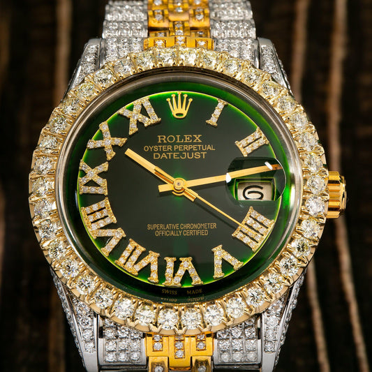 Rolex Datejust 36MM 1601 Green Roman Diamond Dial Diamond Bezel Two Tone Yellow Gold Full Diamond Jubilee Bracelet 9.25ct