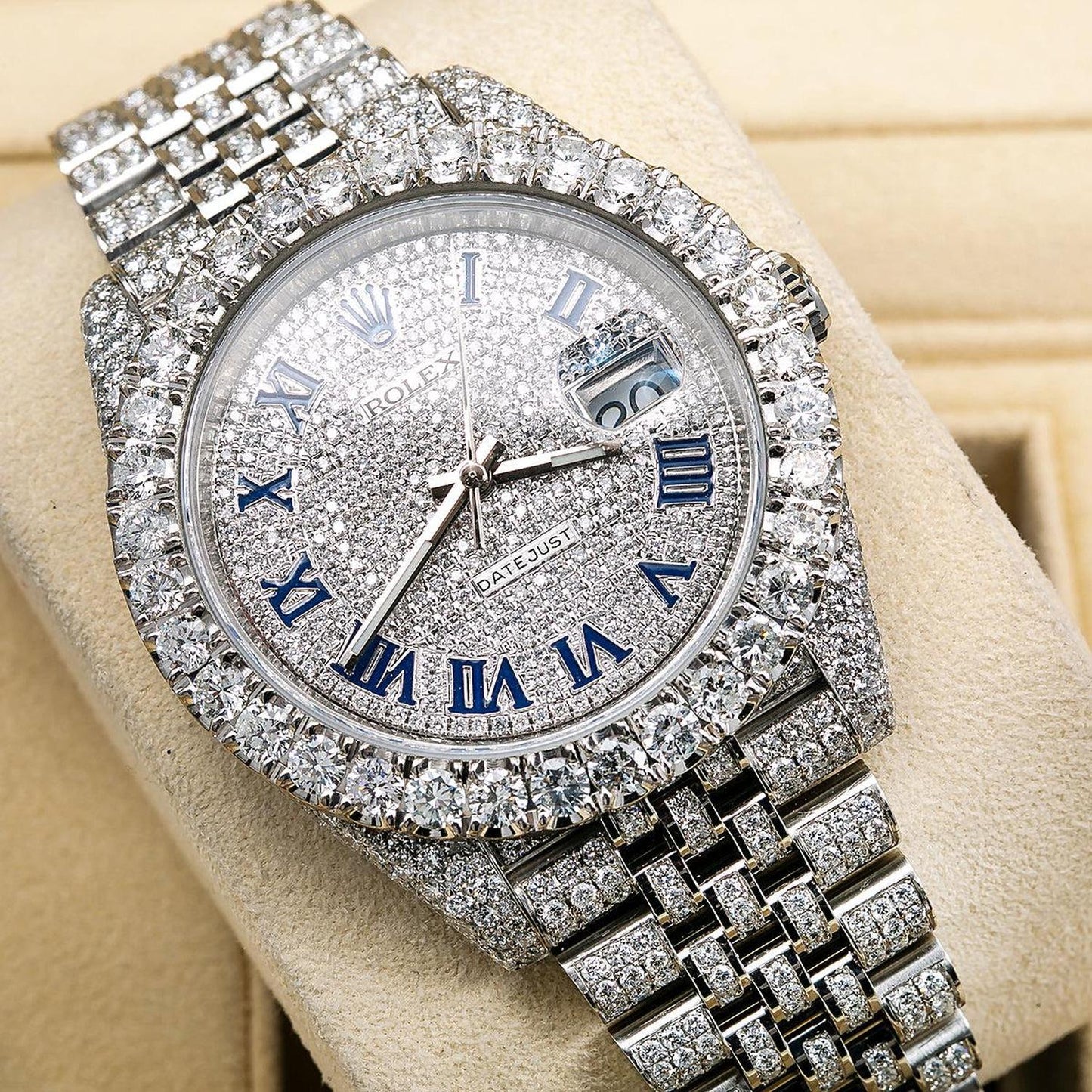 Rolex Datejust 41MM 126300 Diamond Paved Blue Eastern Arabic Dial Diamond Bezel Stainless Steel Full Diamond Oyster Bracelet 18.75ct