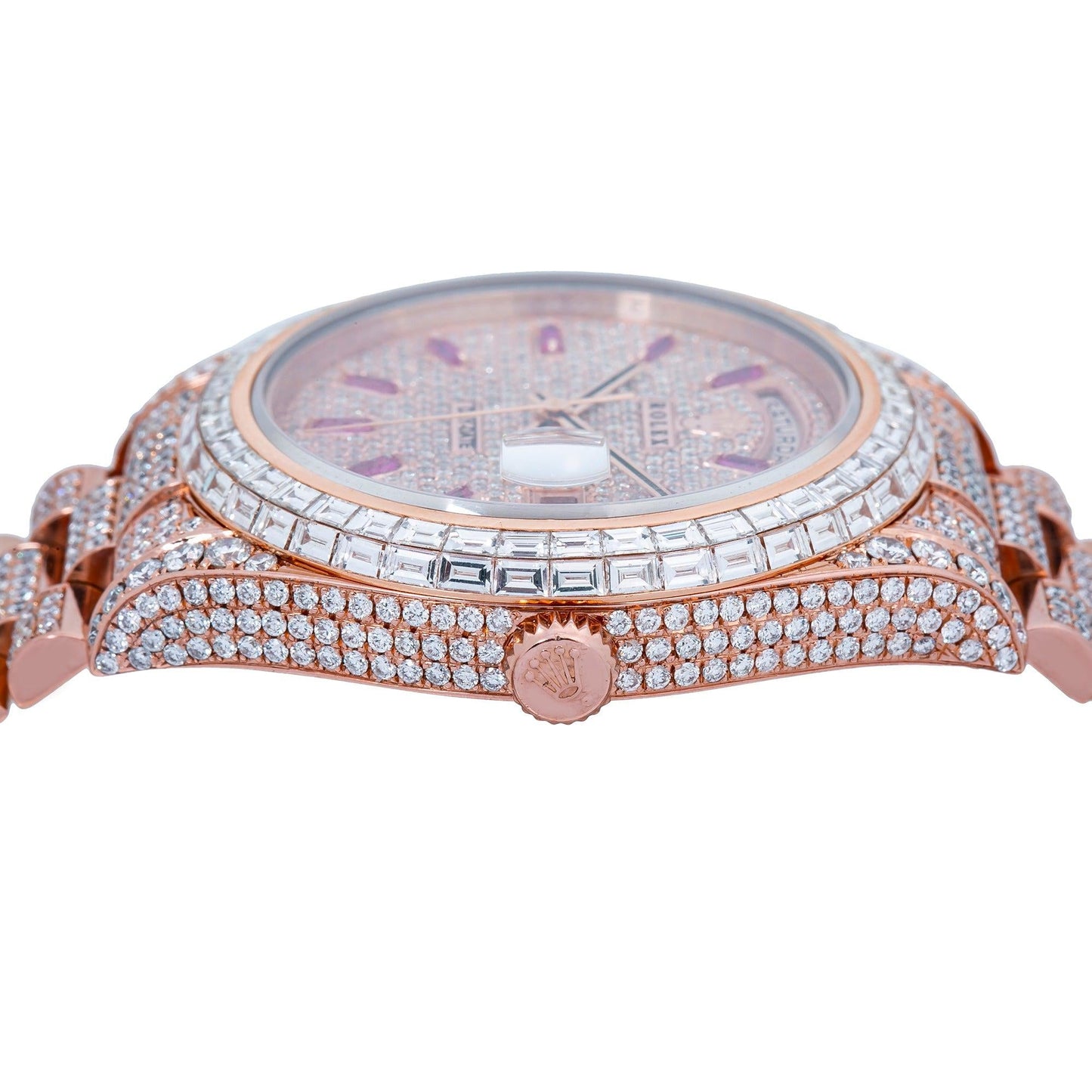 Rolex Day-Date II 41MM 218235 Diamond Paved Pink Dial Diamond Bezel 18K Rose Gold Full Diamond President Bracelet 26.25ct
