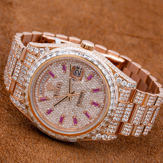 Rolex Day-Date II 41MM 218235 Diamond Paved Pink Dial Diamond Bezel 18K Rose Gold Full Diamond President Bracelet 26.25ct