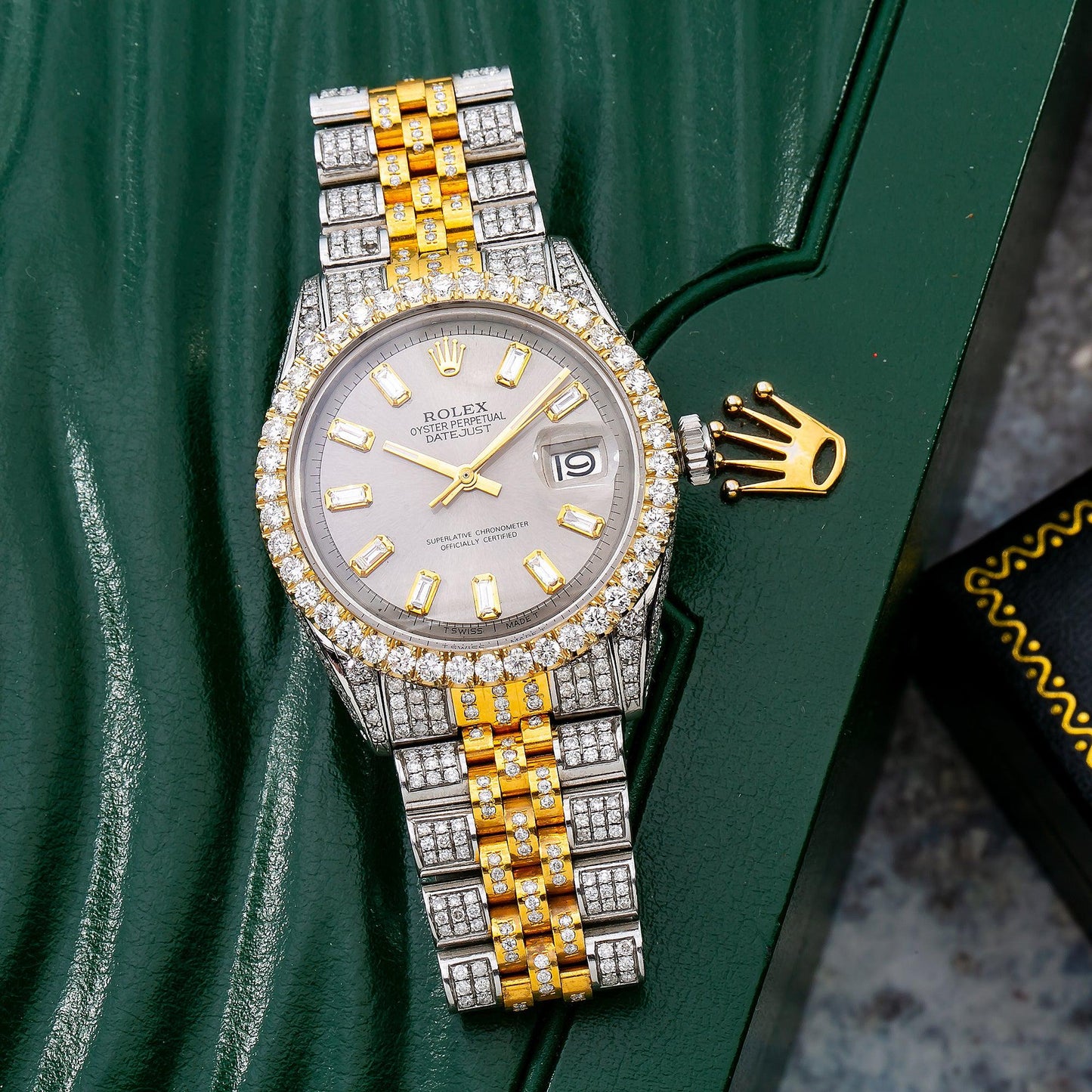 Rolex Datejust 36MM 1601 Slate Gray Baguette Diamond Dial Diamond Bezel Two Tone Yellow Gold Full Diamond Jubilee Bracelet 8.35ct