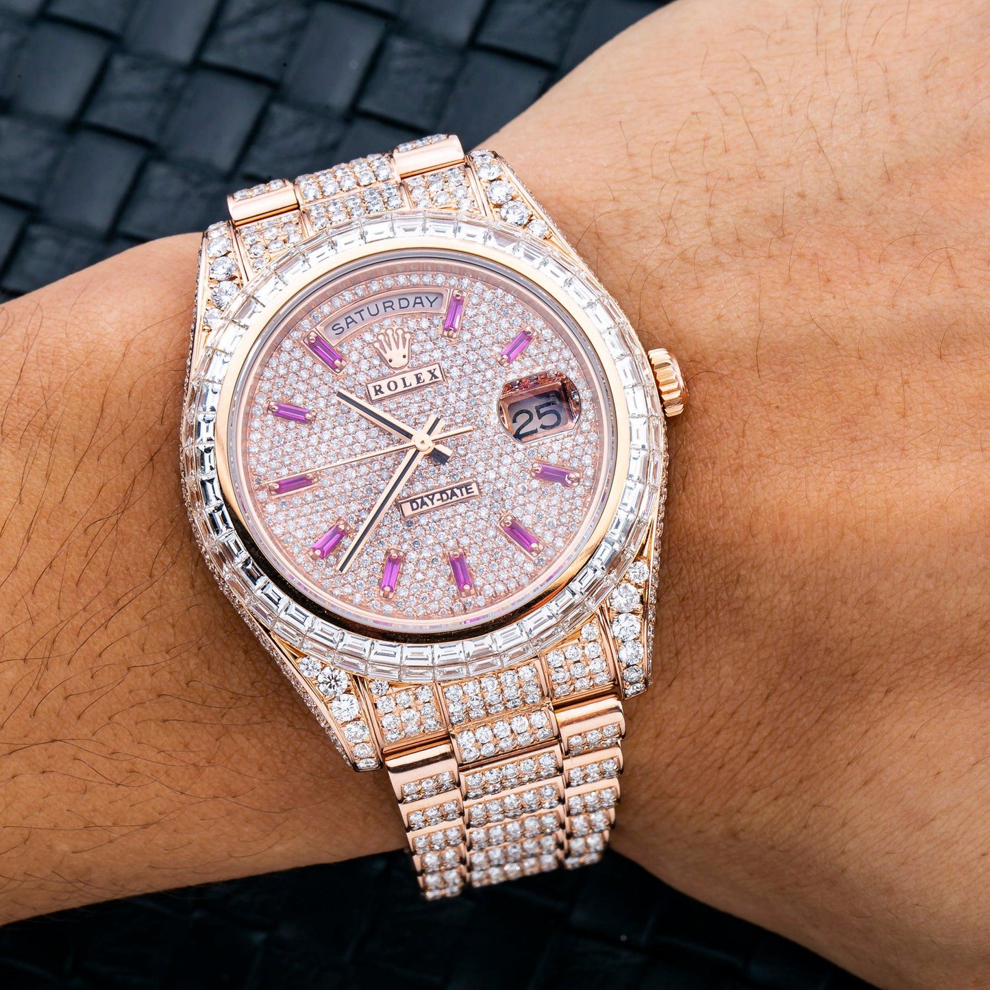 Rolex Day-Date II 41MM 218235 Diamond Paved Pink Dial Diamond Bezel 18K Rose Gold Full Diamond President Bracelet 26.25ct