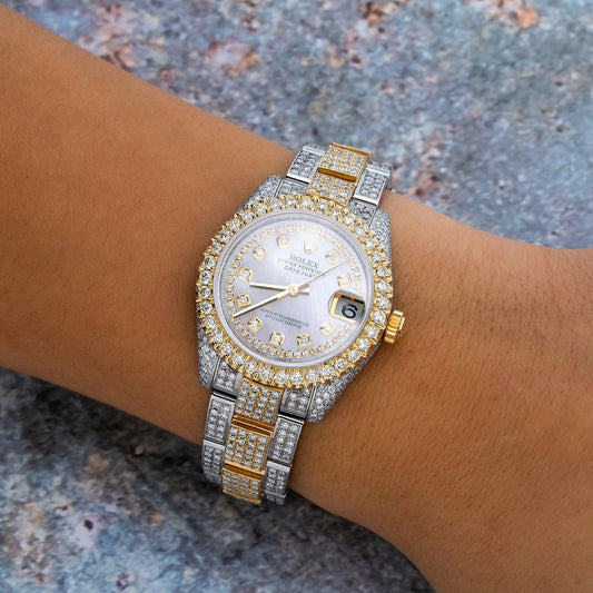 Rolex Datejust 31MM 178243 Mother of Pearl Diamond Dial Diamond Bezel Two Tone Yellow Gold Full Diamond Oyster Bracelet 12.25ct