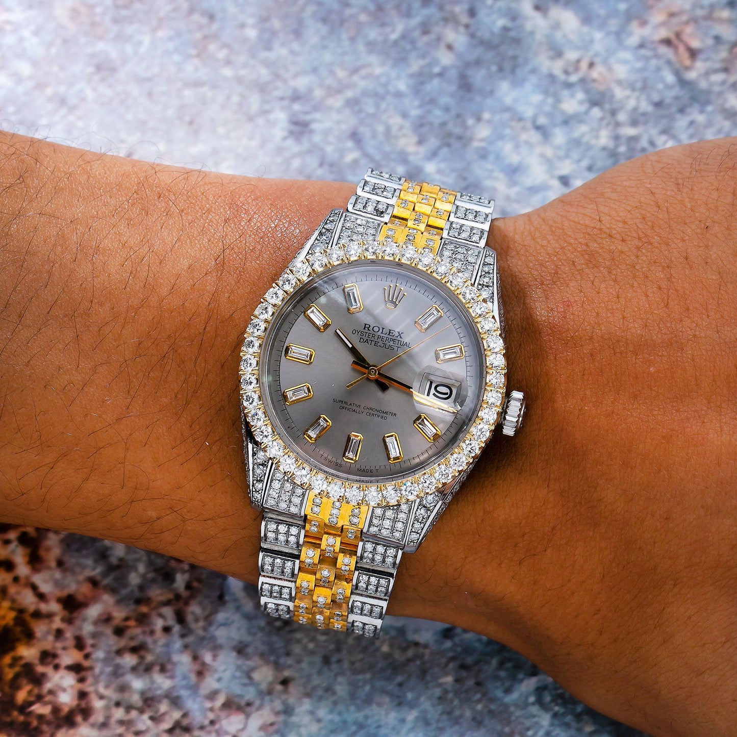 Rolex Datejust 36MM 1601 Slate Gray Baguette Diamond Dial Diamond Bezel Two Tone Yellow Gold Full Diamond Jubilee Bracelet 8.35ct