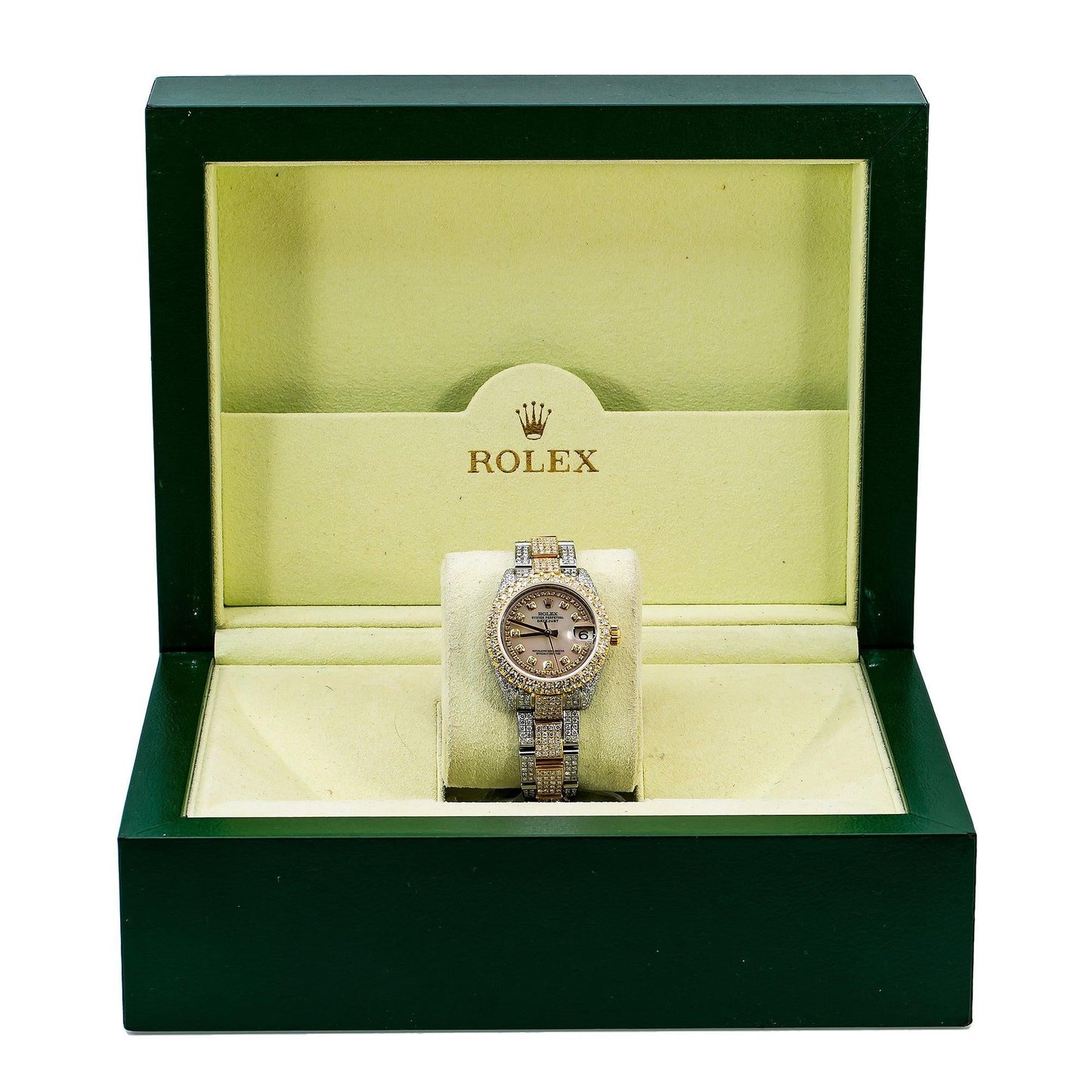 Rolex Datejust 31MM 178243 Mother of Pearl Diamond Dial Diamond Bezel Two Tone Yellow Gold Full Diamond Oyster Bracelet 12.25ct