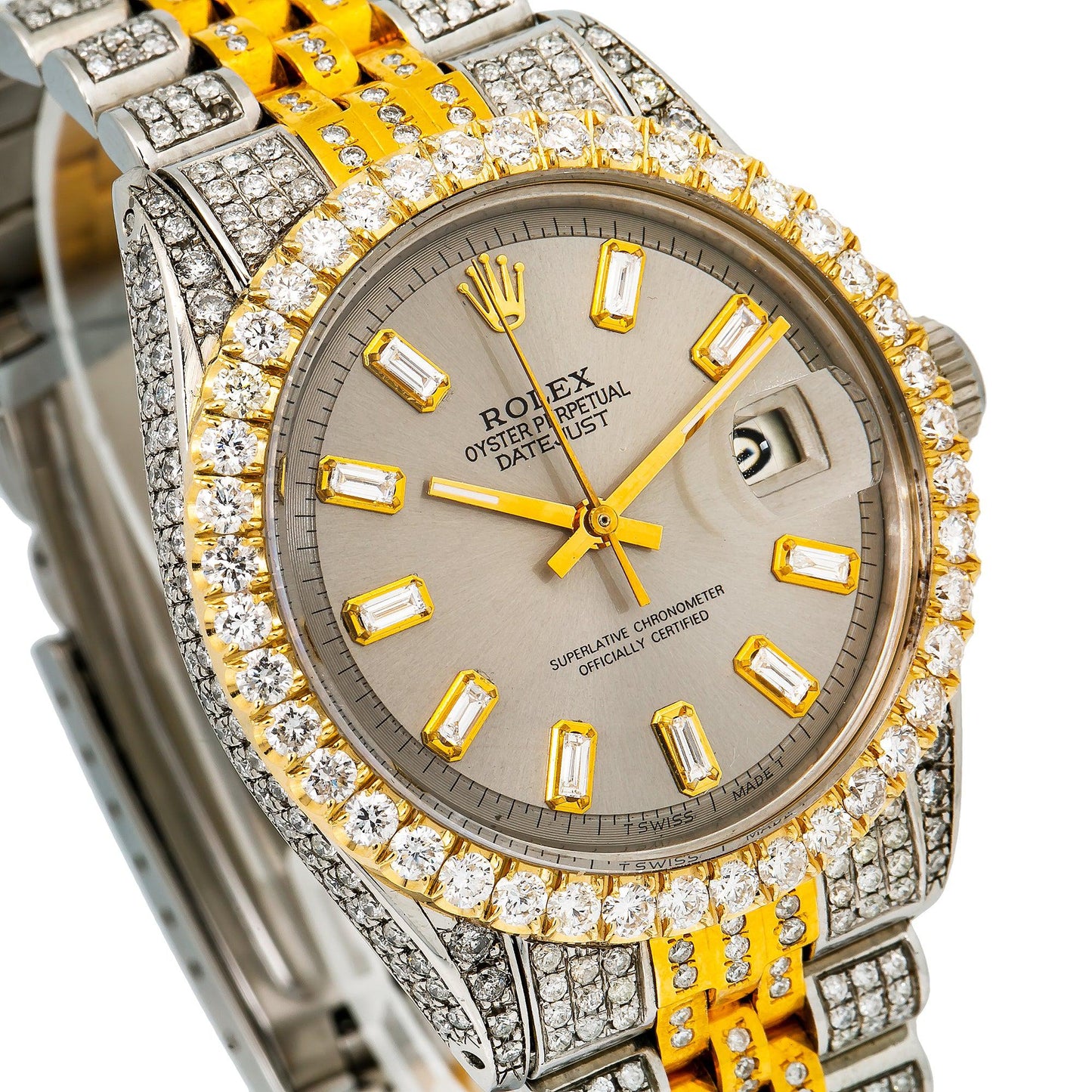 Rolex Datejust 36MM 1601 Slate Gray Baguette Diamond Dial Diamond Bezel Two Tone Yellow Gold Full Diamond Jubilee Bracelet 8.35ct