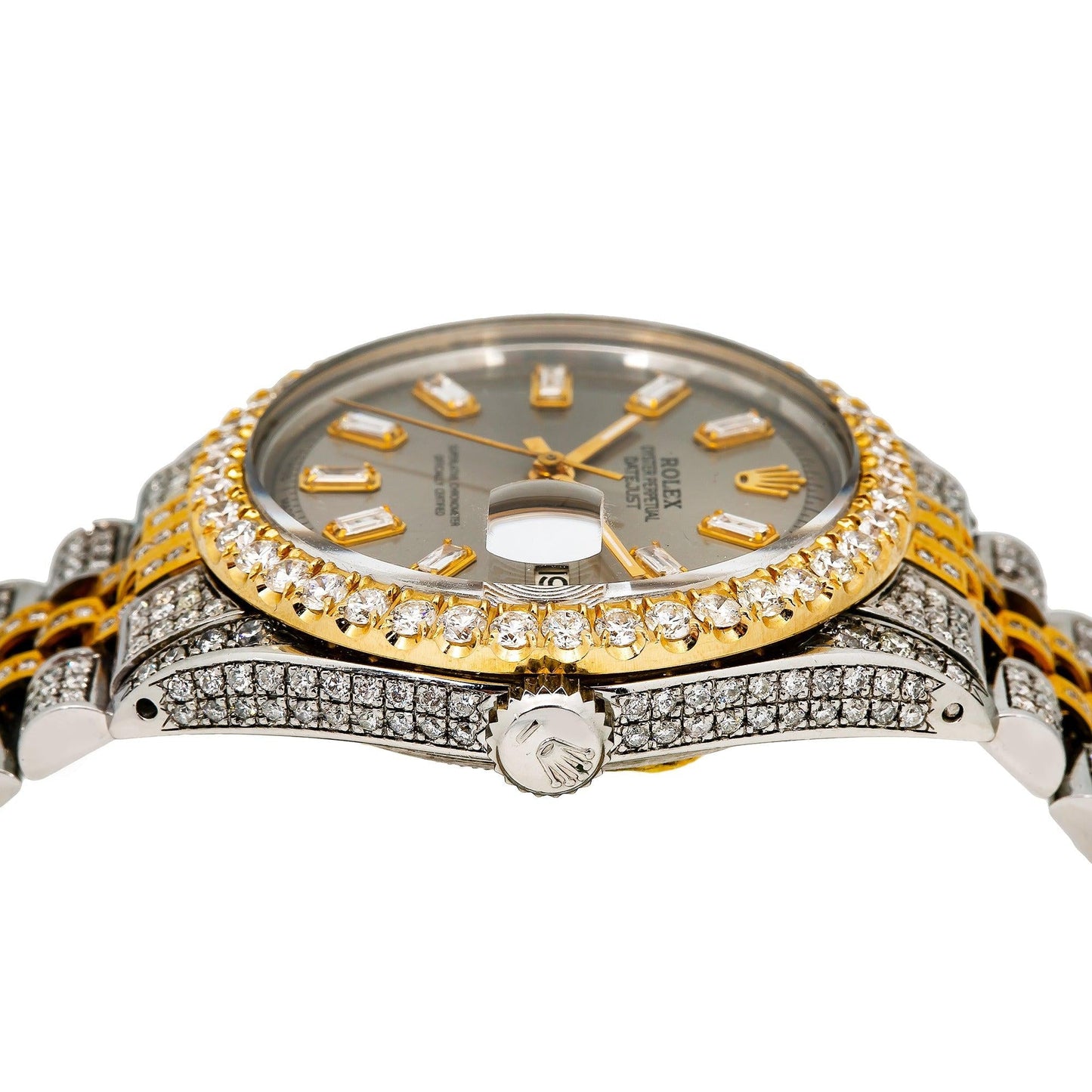 Rolex Datejust 36MM 1601 Slate Gray Baguette Diamond Dial Diamond Bezel Two Tone Yellow Gold Full Diamond Jubilee Bracelet 8.35ct