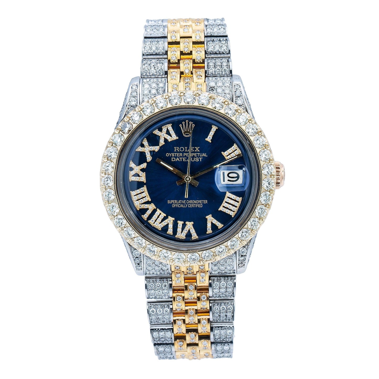 Rolex Datejust 36MM 1601 Blue Roman Diamond Dial Diamond Bezel Two Tone Yellow Gold Full Diamond Jubilee Bracelet 8.25ct