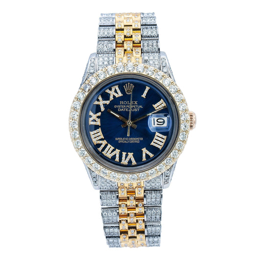 Rolex Datejust 36MM 1601 Blue Roman Diamond Dial Diamond Bezel Two Tone Yellow Gold Full Diamond Jubilee Bracelet 8.25ct