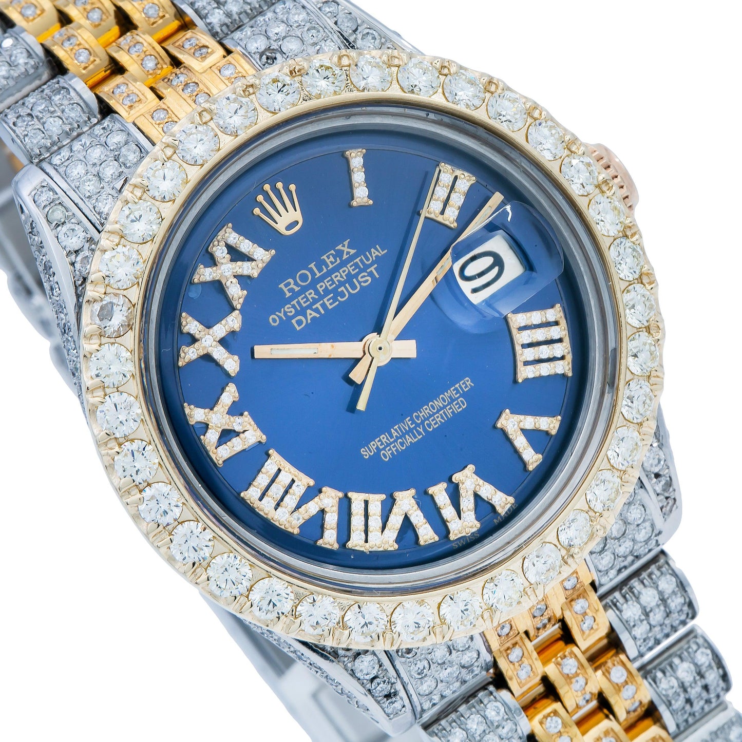 Rolex Datejust 36MM 1601 Blue Roman Diamond Dial Diamond Bezel Two Tone Yellow Gold Full Diamond Jubilee Bracelet 8.25ct
