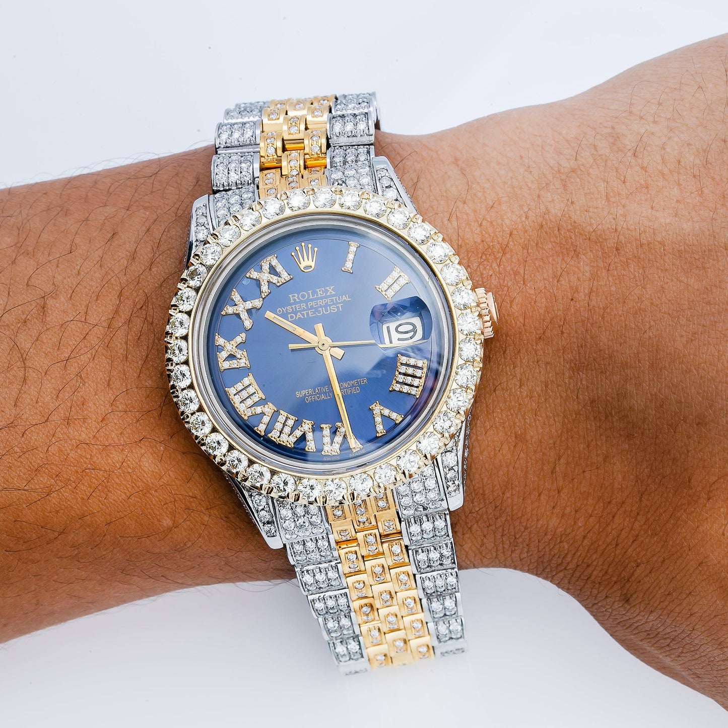 Rolex Datejust 36MM 1601 Blue Roman Diamond Dial Diamond Bezel Two Tone Yellow Gold Full Diamond Jubilee Bracelet 8.25ct