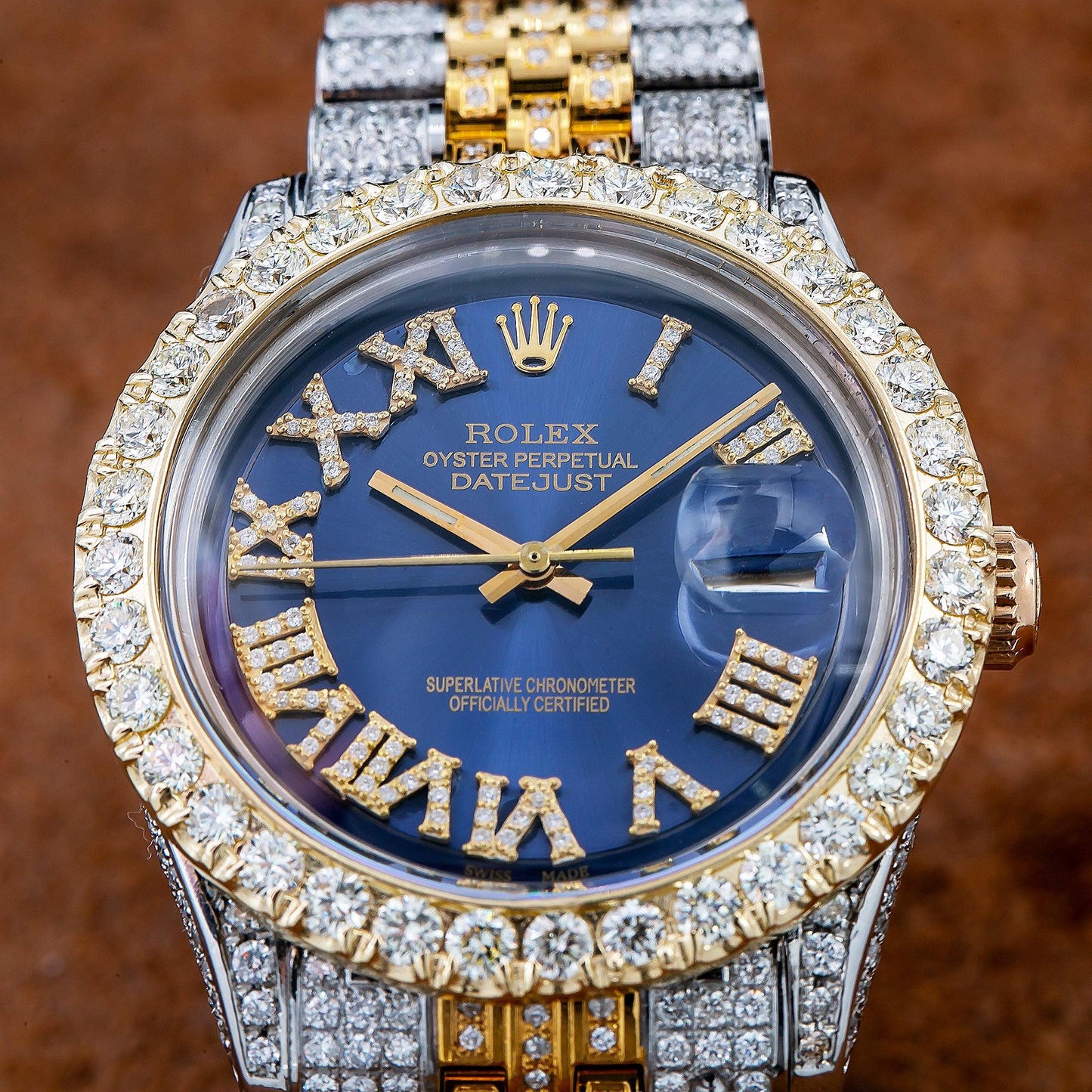 Rolex Datejust 36MM 1601 Blue Roman Diamond Dial Diamond Bezel Two Tone Yellow Gold Full Diamond Jubilee Bracelet 8.25ct