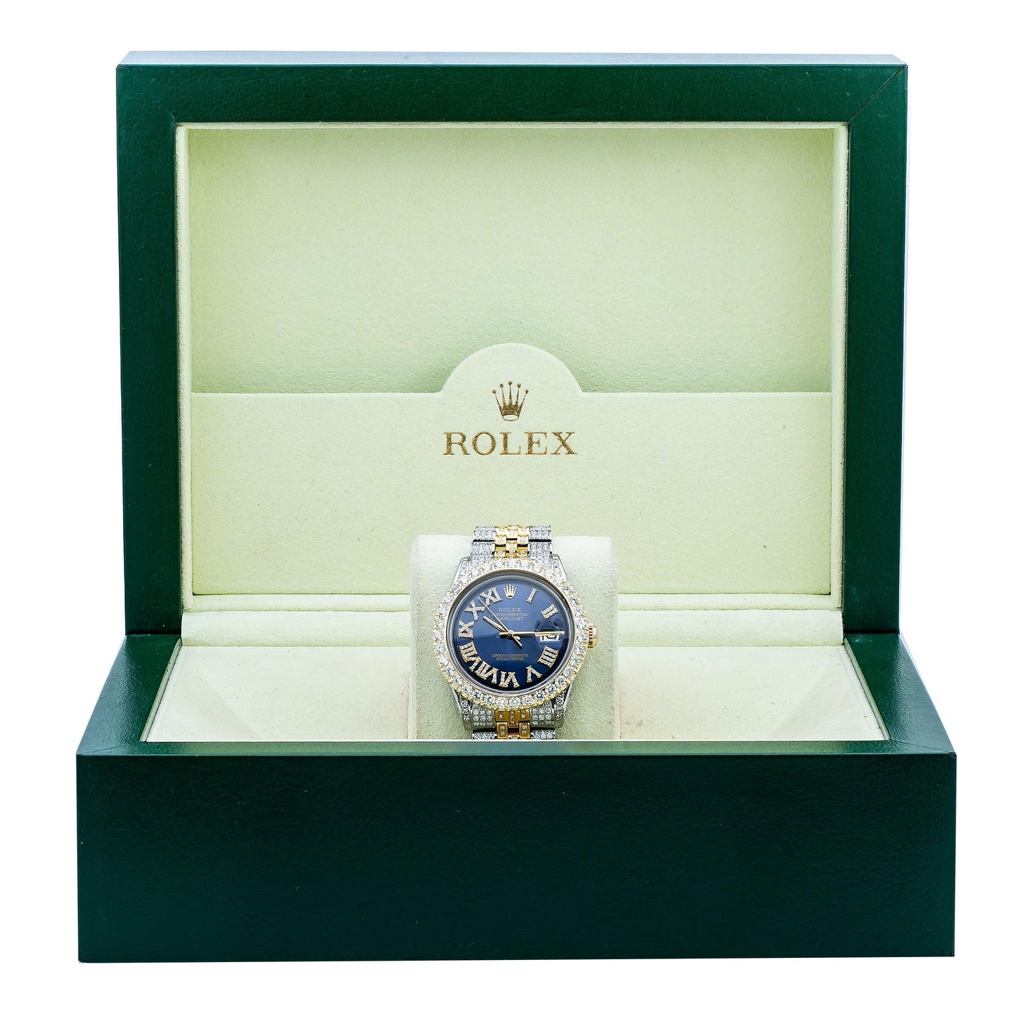 Rolex Datejust 36MM 1601 Blue Roman Diamond Dial Diamond Bezel Two Tone Yellow Gold Full Diamond Jubilee Bracelet 8.25ct