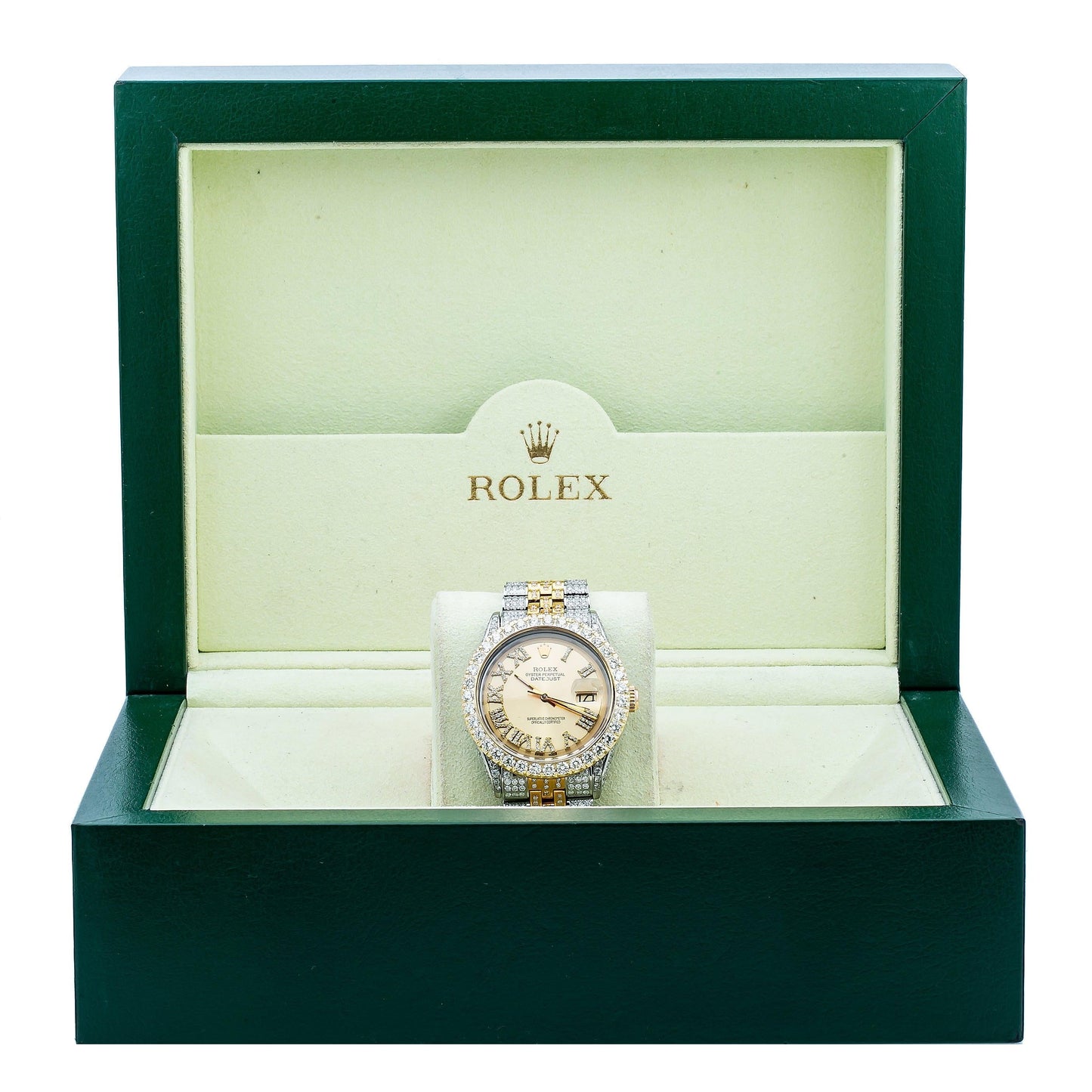 Rolex Datejust 36MM 1601 Champagne Roman Diamond Dial Diamond Bezel Two Tone Yellow Gold Full Diamond Jubilee Bracelet 8.25ct