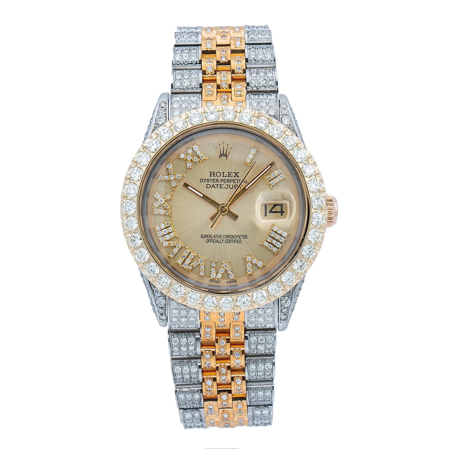 Rolex Datejust 36MM 1601 Champagne Roman Diamond Dial Diamond Bezel Two Tone Yellow Gold Full Diamond Jubilee Bracelet 8.25ct