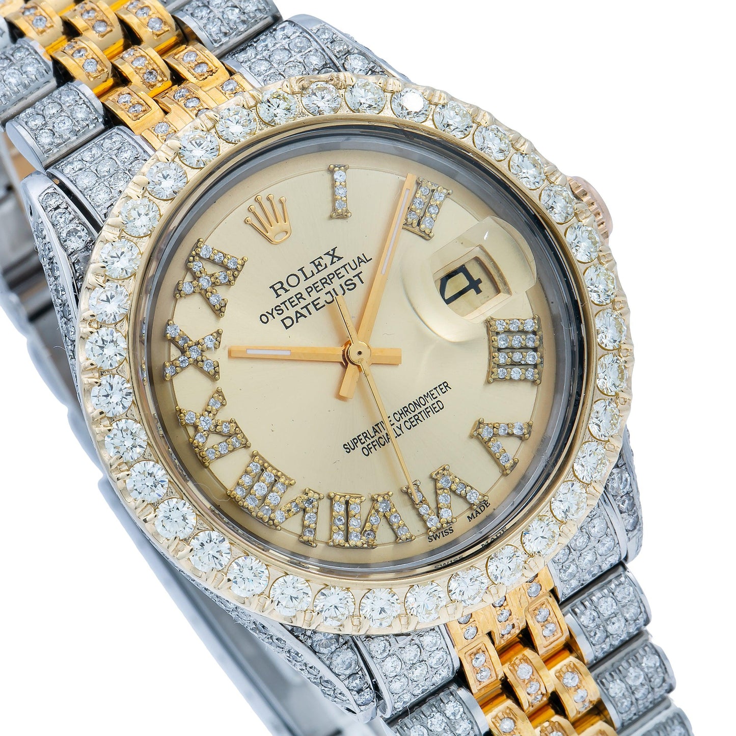 Rolex Datejust 36MM 1601 Champagne Roman Diamond Dial Diamond Bezel Two Tone Yellow Gold Full Diamond Jubilee Bracelet 8.25ct