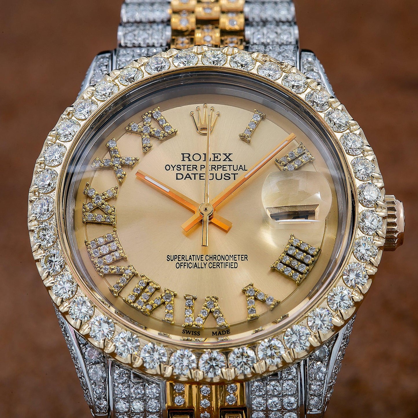Rolex Datejust 36MM 1601 Champagne Roman Diamond Dial Diamond Bezel Two Tone Yellow Gold Full Diamond Jubilee Bracelet 8.25ct
