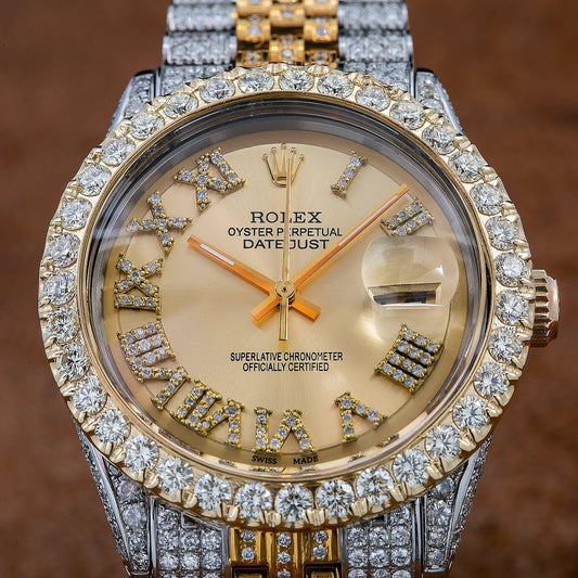 Rolex Datejust 36MM 1601 Champagne Roman Diamond Dial Diamond Bezel Two Tone Yellow Gold Full Diamond Jubilee Bracelet 8.25ct