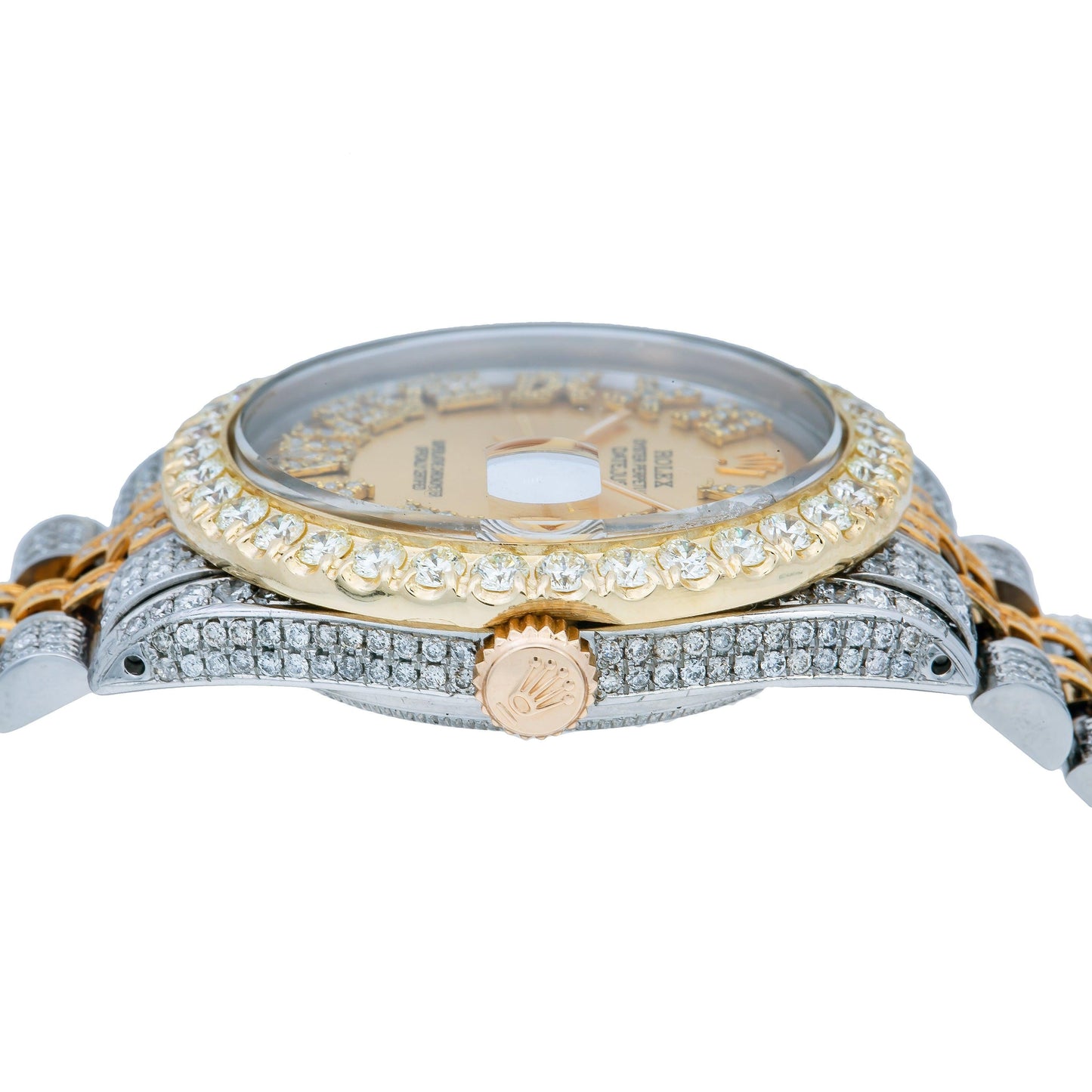 Rolex Datejust 36MM 1601 Champagne Roman Diamond Dial Diamond Bezel Two Tone Yellow Gold Full Diamond Jubilee Bracelet 8.25ct