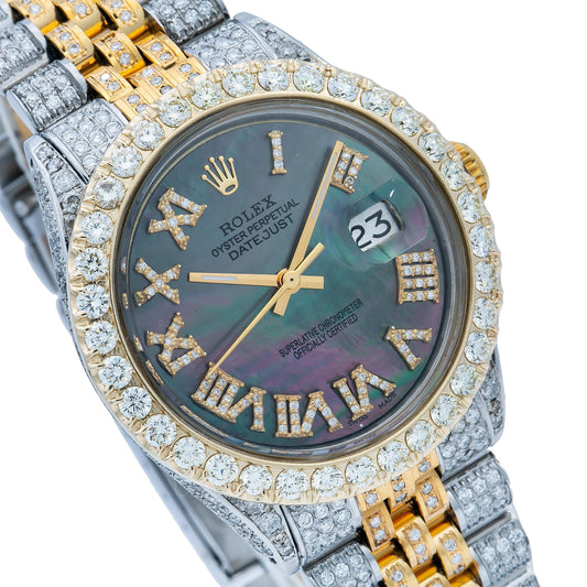 Rolex Datejust 36MM 1601 Black Mother of Pearl Roman Diamond Dial Diamond Bezel Two Tone Yellow Gold Full Diamond Jubilee Bracelet 8.25ct