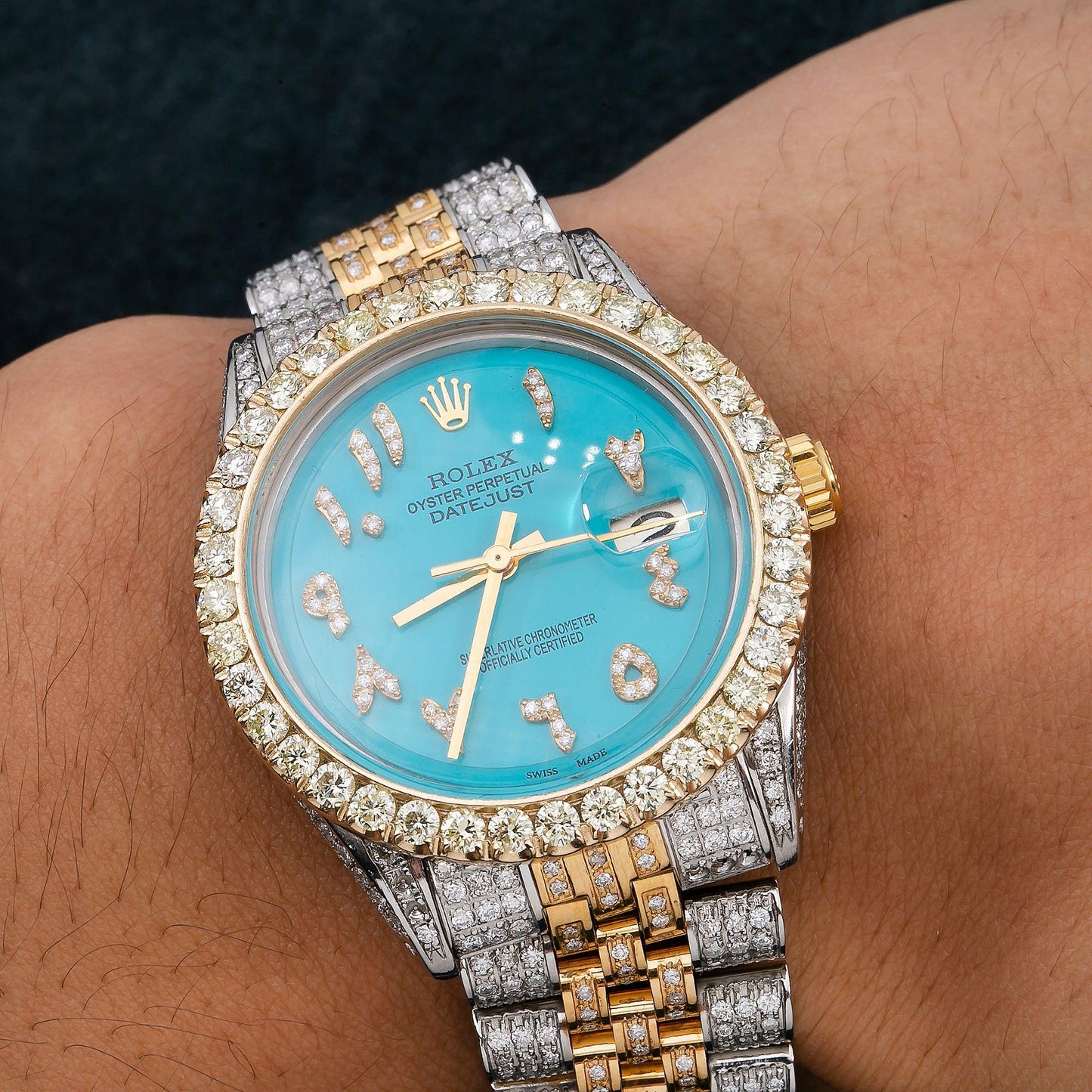 Rolex Datejust 36MM 1601 Turquoise Eastern Arabic Diamond Dial Diamond Bezel Two Tone Yellow Gold Full Diamond Jubilee Bracelet 8.75ct