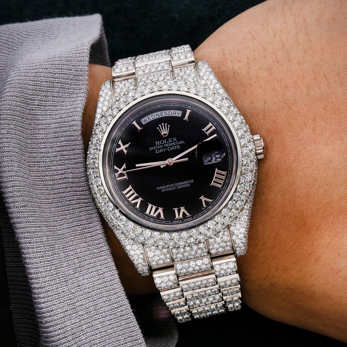 Rolex Day-Date II 41MM 218239 Black Roman Dial Diamond Bezel 18K White Gold Full Diamond President Bracelet 17.75ct