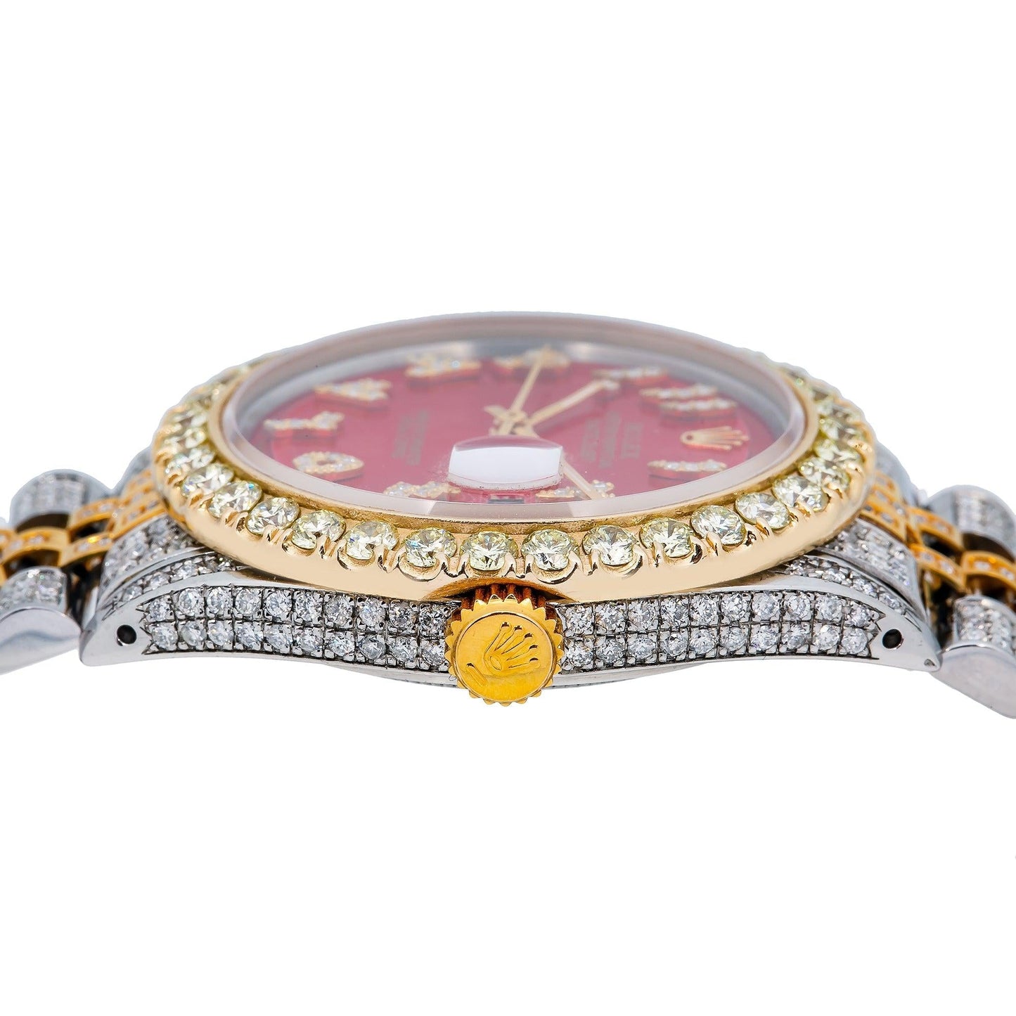 Rolex Datejust 36MM 1601 Red Eastern Arabic Diamond Dial Diamond Bezel Two Tone Yellow Gold Full Diamond Jubilee Bracelet 8.75ct
