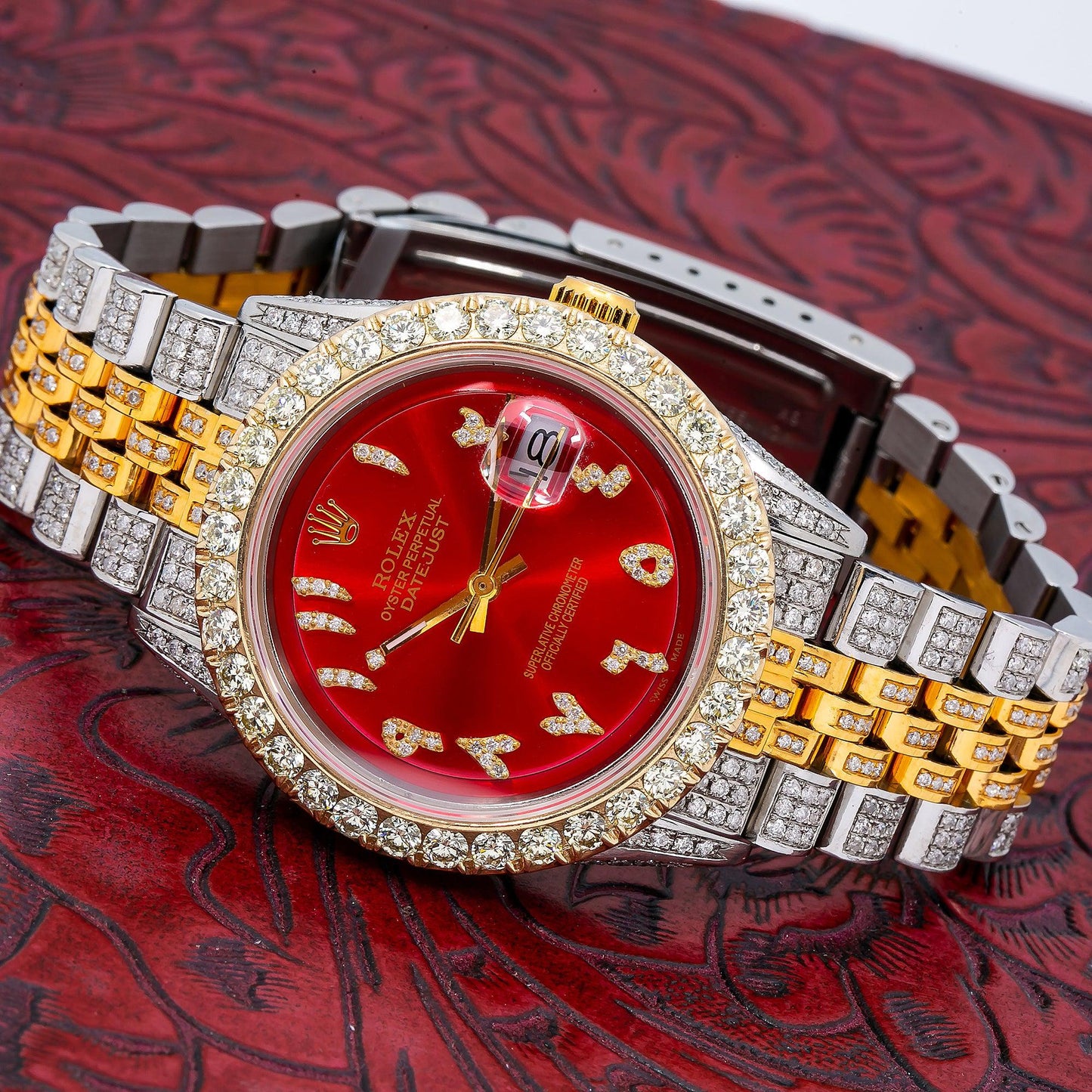 Rolex Datejust 36MM 1601 Red Eastern Arabic Diamond Dial Diamond Bezel Two Tone Yellow Gold Full Diamond Jubilee Bracelet 8.75ct