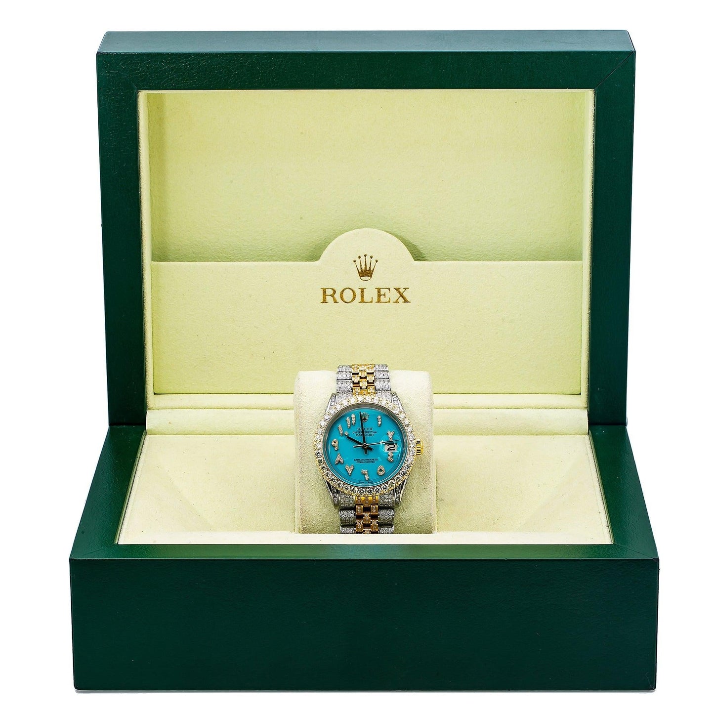 Rolex Datejust 36MM 1601 Turquoise Eastern Arabic Diamond Dial Diamond Bezel Two Tone Yellow Gold Full Diamond Jubilee Bracelet 8.75ct