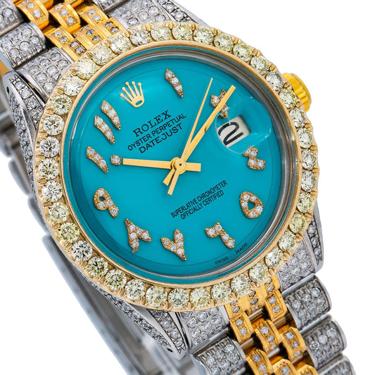 Rolex Datejust 36MM 1601 Turquoise Eastern Arabic Diamond Dial Diamond Bezel Two Tone Yellow Gold Full Diamond Jubilee Bracelet 8.75ct