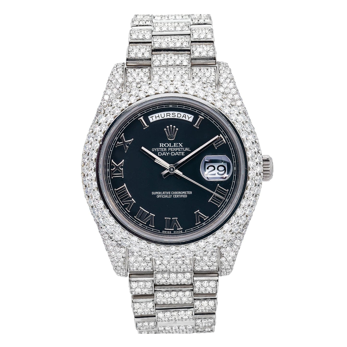 Rolex Day-Date II 41MM 218239 Black Roman Dial Diamond Bezel 18K White Gold Full Diamond President Bracelet 17.75ct