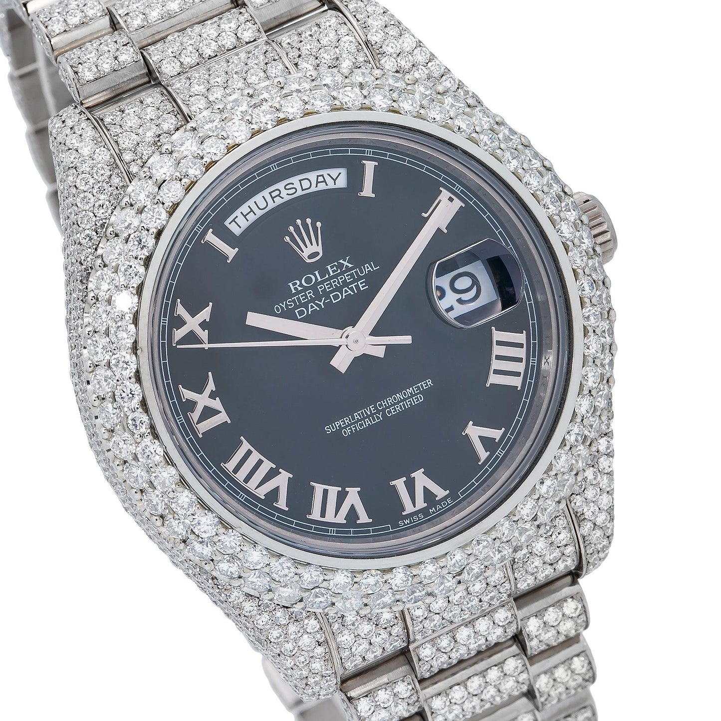 Rolex Day-Date II 41MM 218239 Black Roman Dial Diamond Bezel 18K White Gold Full Diamond President Bracelet 17.75ct