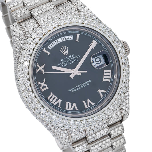 Rolex Day-Date II 41MM 218239 Black Roman Dial Diamond Bezel 18K White Gold Full Diamond President Bracelet 17.75ct