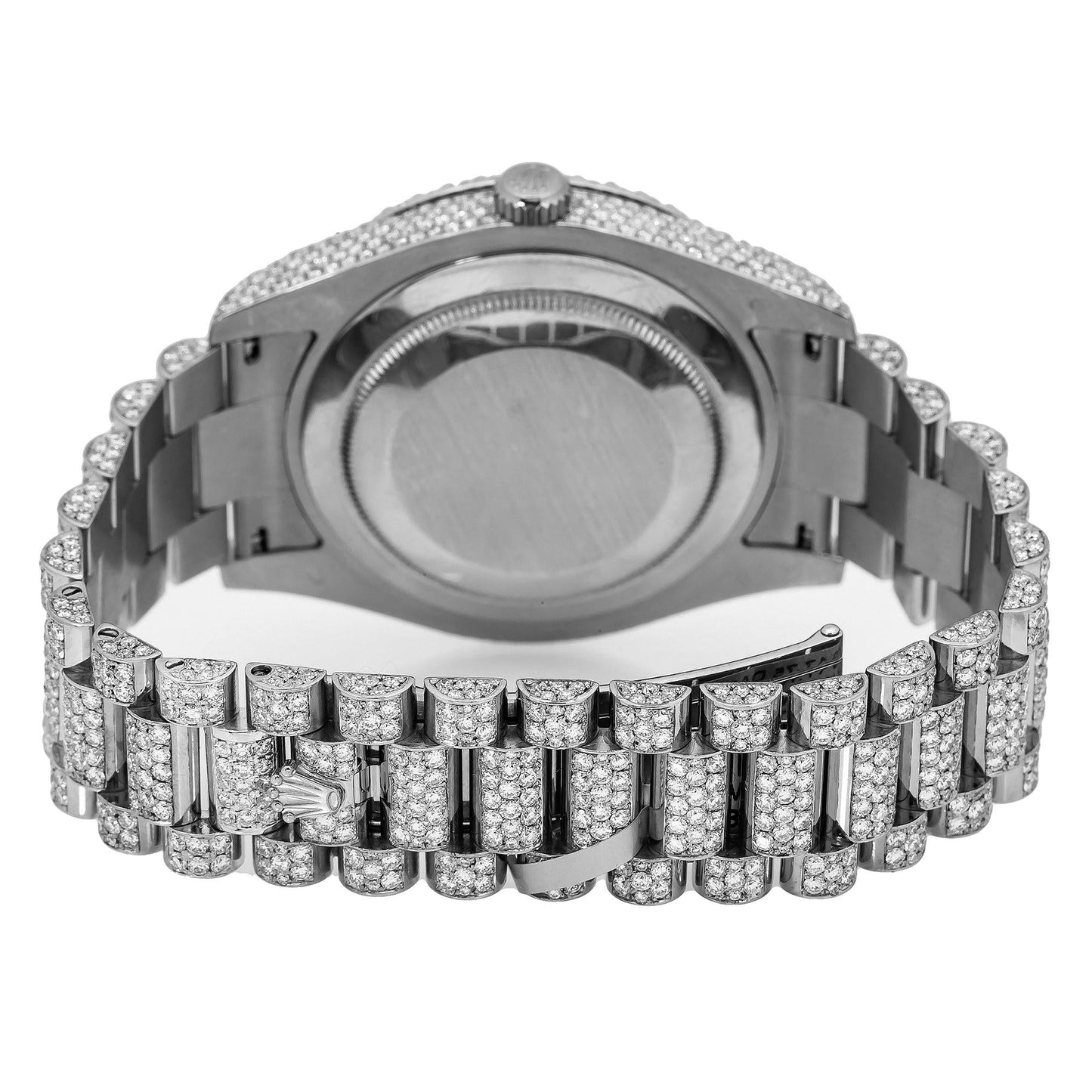 Rolex Day-Date II 41MM 218239 Black Roman Dial Diamond Bezel 18K White Gold Full Diamond President Bracelet 17.75ct