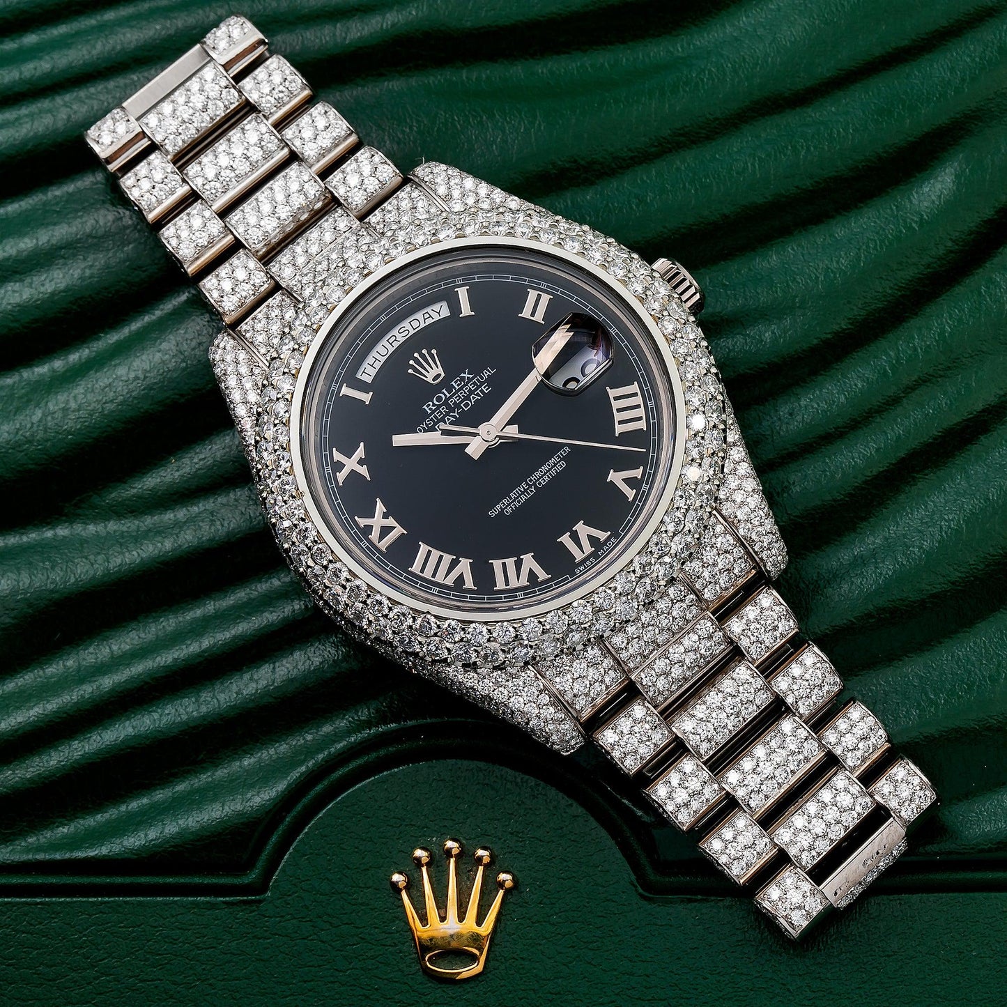 Rolex Day-Date II 41MM 218239 Black Roman Dial Diamond Bezel 18K White Gold Full Diamond President Bracelet 17.75ct