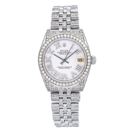 Rolex Datejust 31MM 68274 White Roman Diamond Dial Diamond Bezel Stainless Steel Full Diamond Jubilee Bracelet
