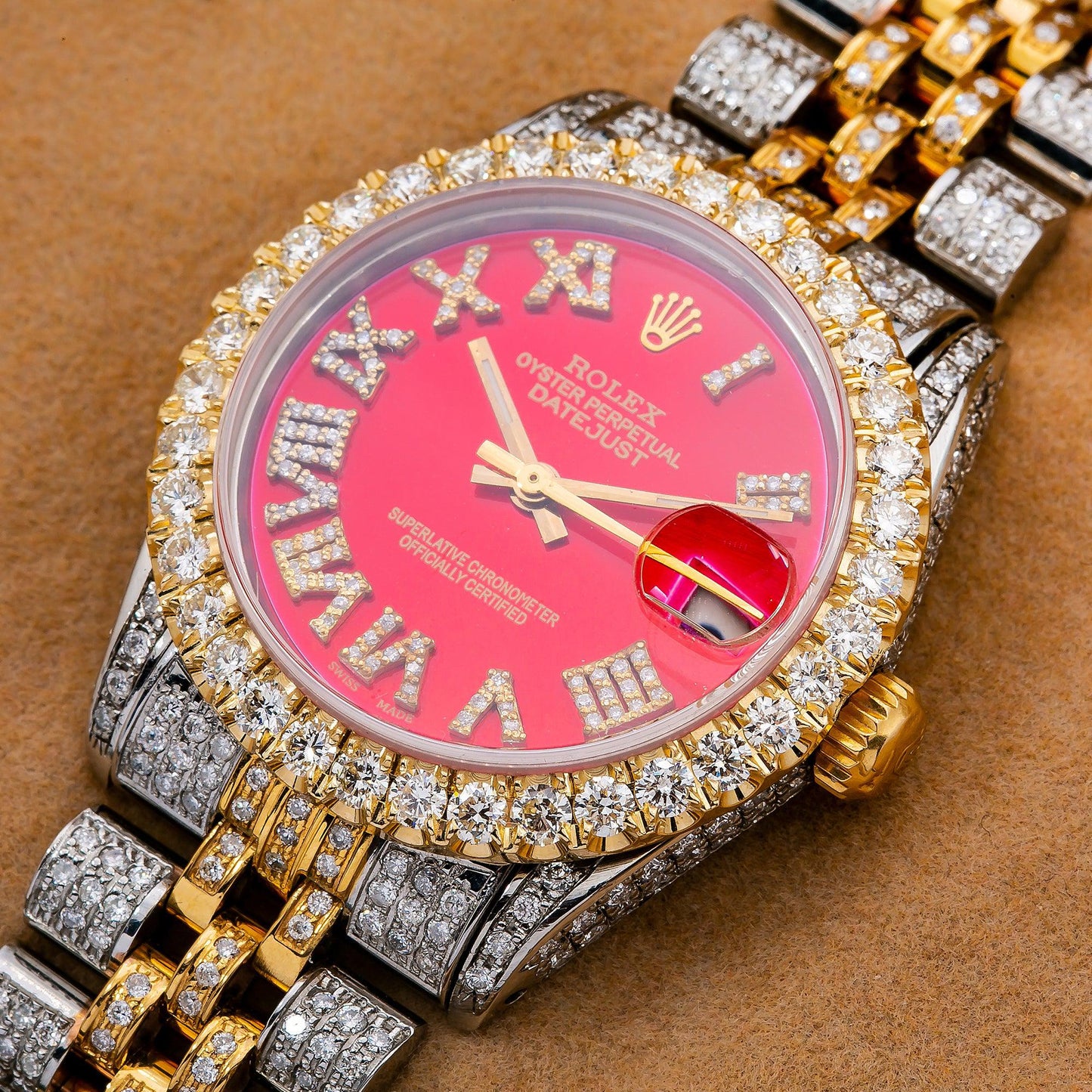 Rolex Datejust 31MM 6827 Red Roman Diamond Dial Diamond Bezel Two Tone Yellow Gold Full Diamond Jubilee Bracelet 7.25ct