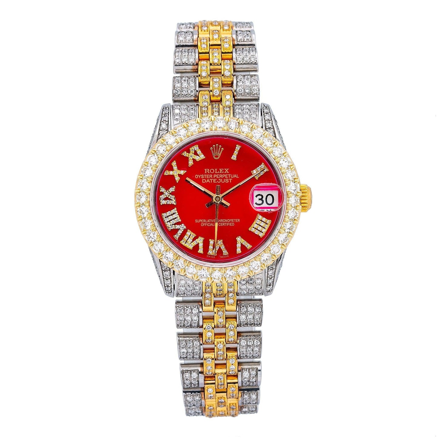 Rolex Datejust 31MM 6827 Red Roman Diamond Dial Diamond Bezel Two Tone Yellow Gold Full Diamond Jubilee Bracelet 7.25ct