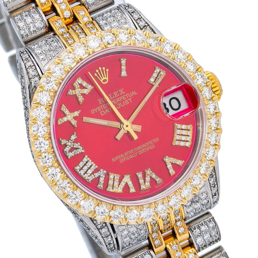 Rolex Datejust 31MM 6827 Red Roman Diamond Dial Diamond Bezel Two Tone Yellow Gold Full Diamond Jubilee Bracelet 7.25ct
