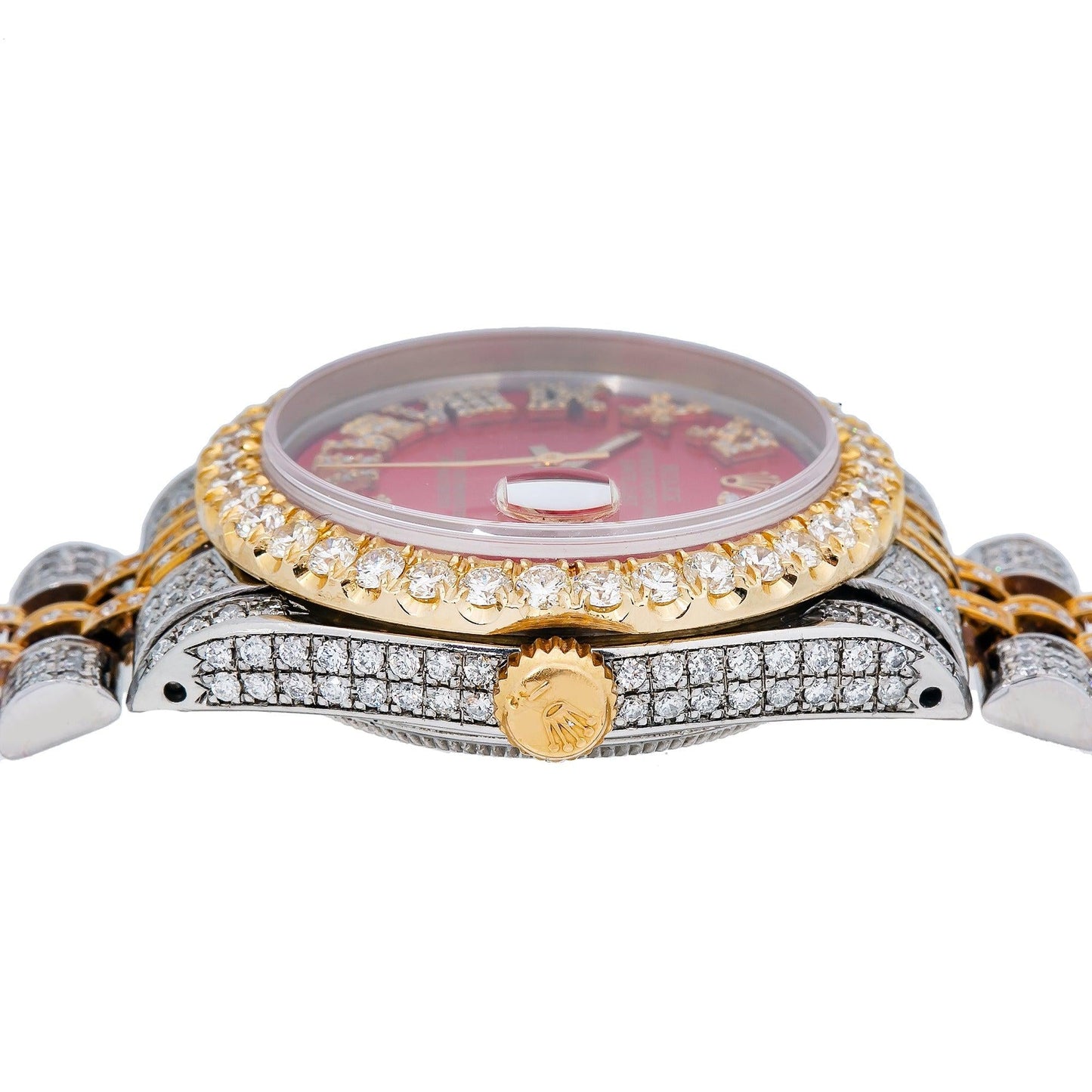 Rolex Datejust 31MM 6827 Red Roman Diamond Dial Diamond Bezel Two Tone Yellow Gold Full Diamond Jubilee Bracelet 7.25ct
