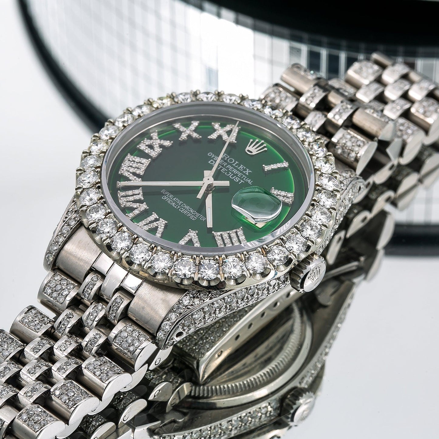 Rolex Datejust 36MM 1601 Green Roman Diamond Dial Diamond Bezel Stainless Steel Full Diamond Jubilee Bracelet 8.25ct