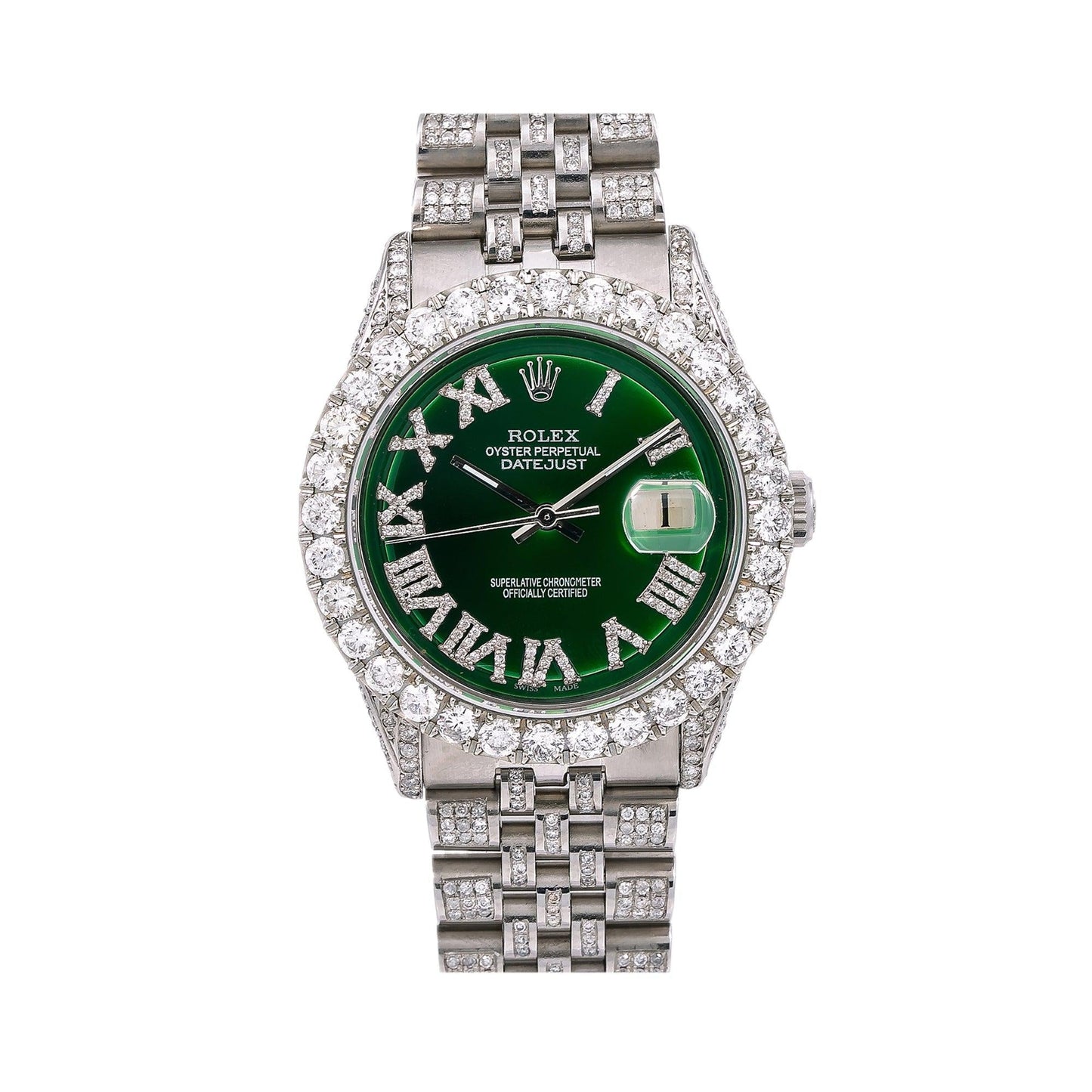 Rolex Datejust 36MM 1601 Green Roman Diamond Dial Diamond Bezel Stainless Steel Full Diamond Jubilee Bracelet 8.25ct