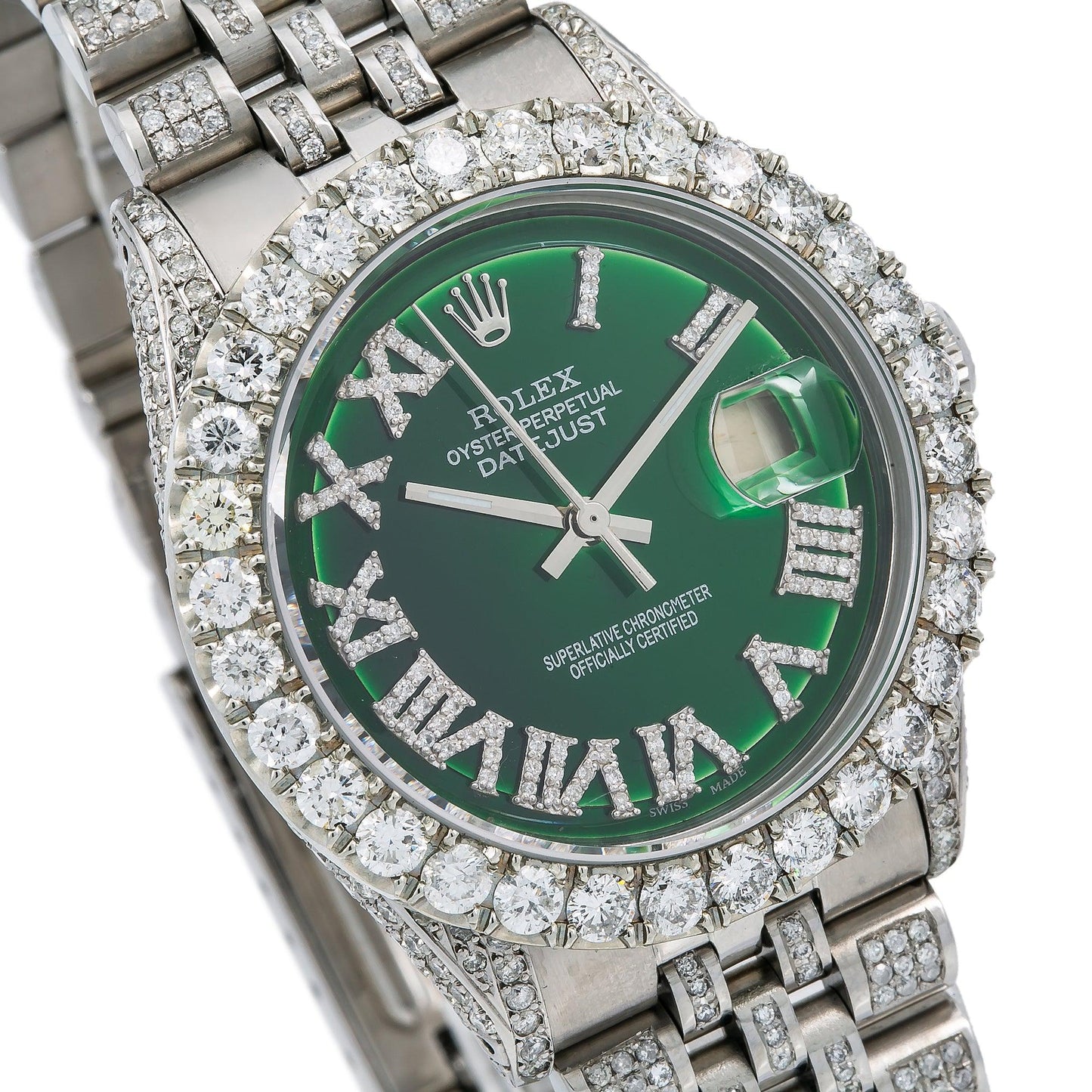 Rolex Datejust 36MM 1601 Green Roman Diamond Dial Diamond Bezel Stainless Steel Full Diamond Jubilee Bracelet 8.25ct