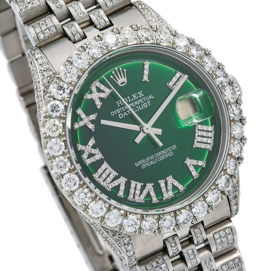 Rolex Datejust 36MM 1601 Green Roman Diamond Dial Diamond Bezel Stainless Steel Full Diamond Jubilee Bracelet 8.25ct
