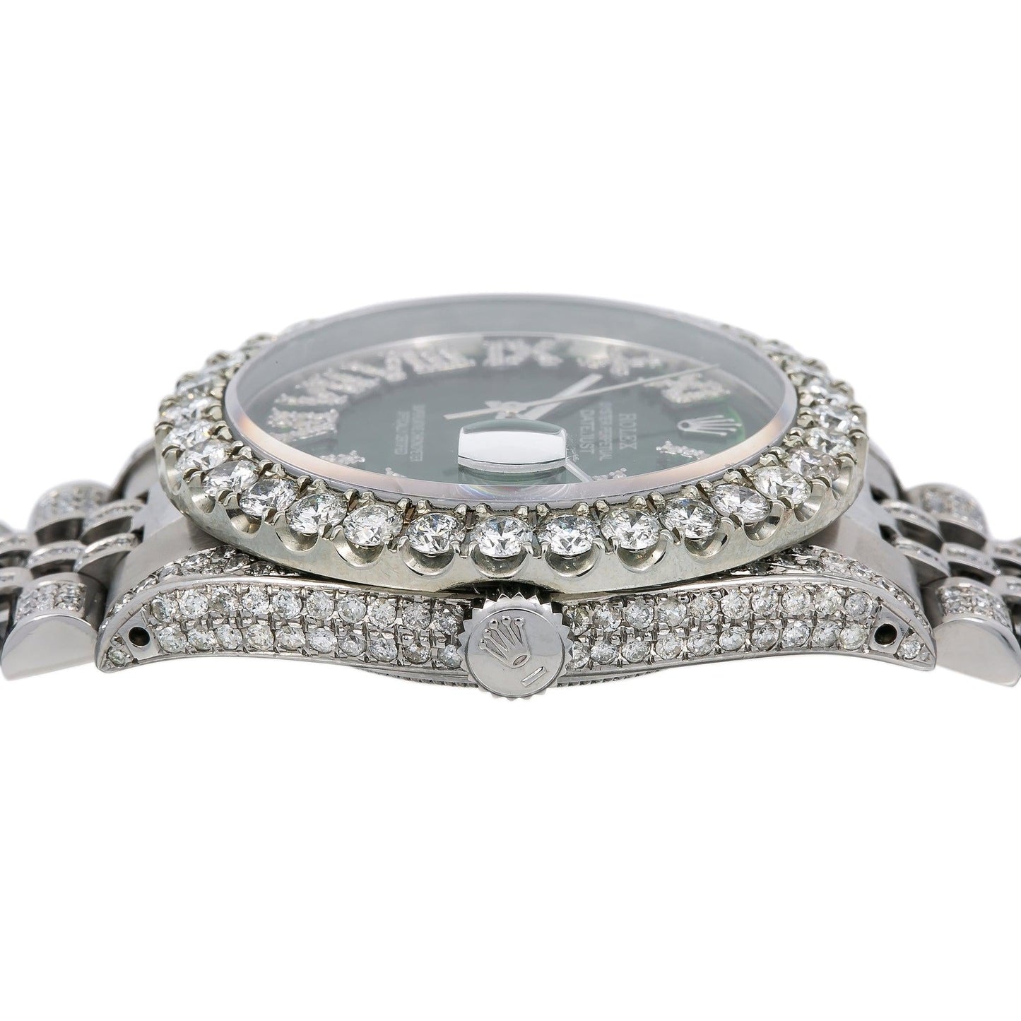 Rolex Datejust 36MM 1601 Green Roman Diamond Dial Diamond Bezel Stainless Steel Full Diamond Jubilee Bracelet 8.25ct