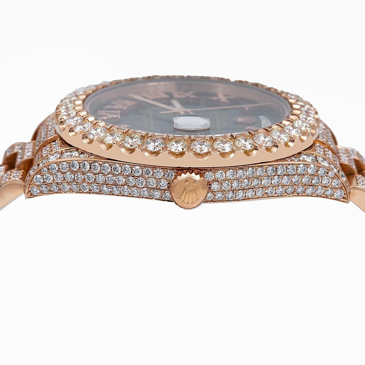 Rolex Day-Date II 41MM 218235 Black Roman Diamond Dial Diamond Bezel 18K Rose Gold Full Diamond President Bracelet 25.75ct
