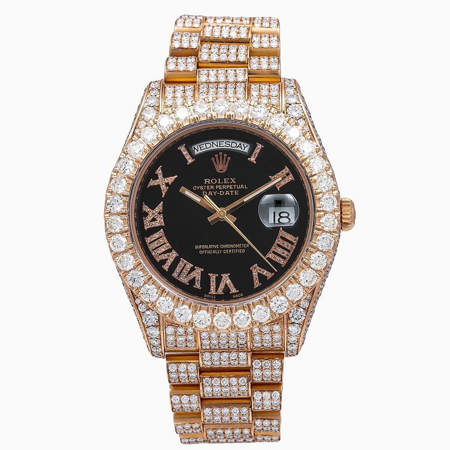 Rolex Day-Date II 41MM 218235 Black Roman Diamond Dial Diamond Bezel 18K Rose Gold Full Diamond President Bracelet 25.75ct