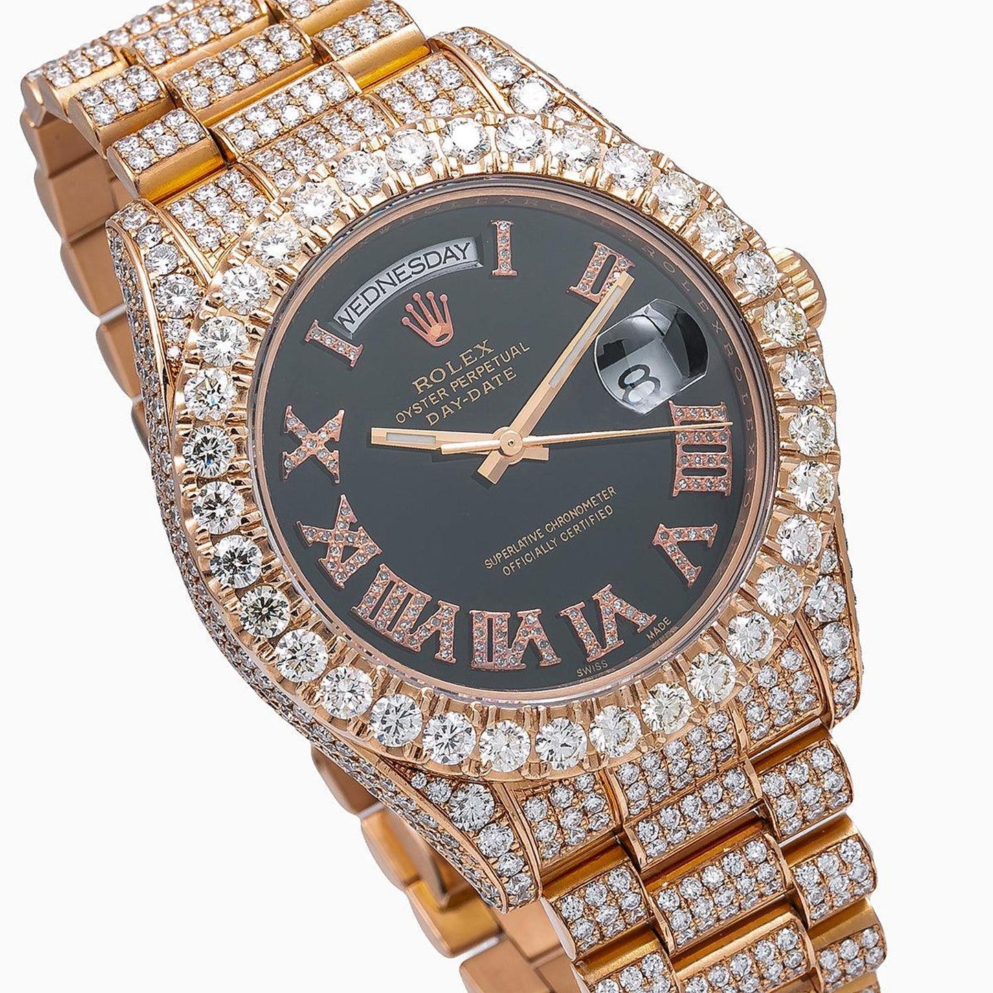 Rolex Day-Date II 41MM 218235 Black Roman Diamond Dial Diamond Bezel 18K Rose Gold Full Diamond President Bracelet 25.75ct