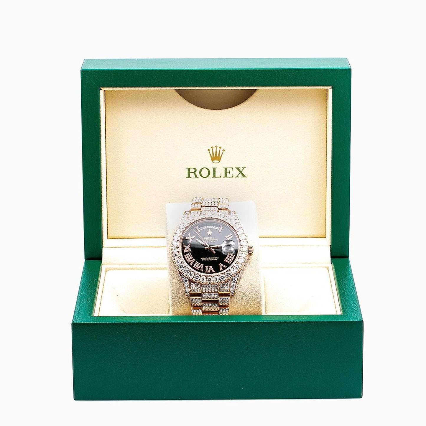 Rolex Day-Date II 41MM 218235 Black Roman Diamond Dial Diamond Bezel 18K Rose Gold Full Diamond President Bracelet 25.75ct